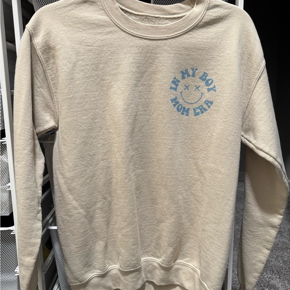 Beige Sweatshirt with Blue Graphic